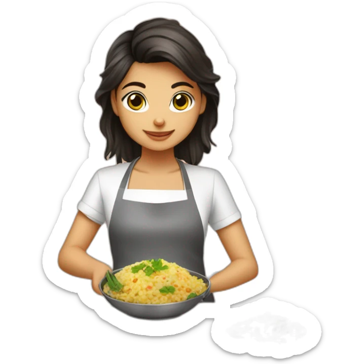 petite girl dark hair cooking risotto with norwich terrier sticker