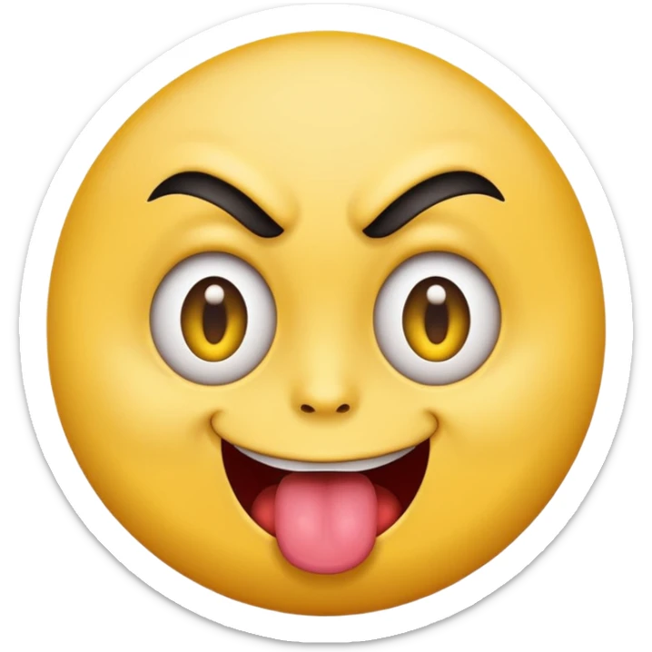 A yellow round face emoji smirking with its tounge out but the eyes are evil and kind of crazy and only one eyebrow is raised higher than the other sticker