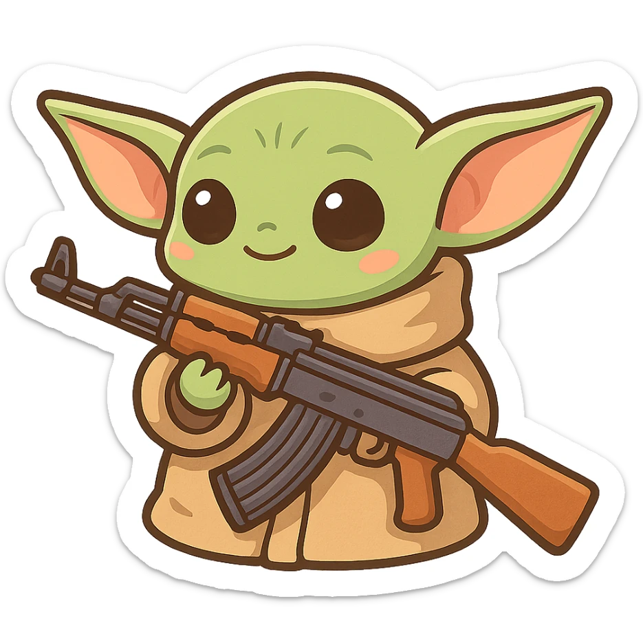 Baby Yoda holding an AK-47, cartoon style, cute and playful sticker