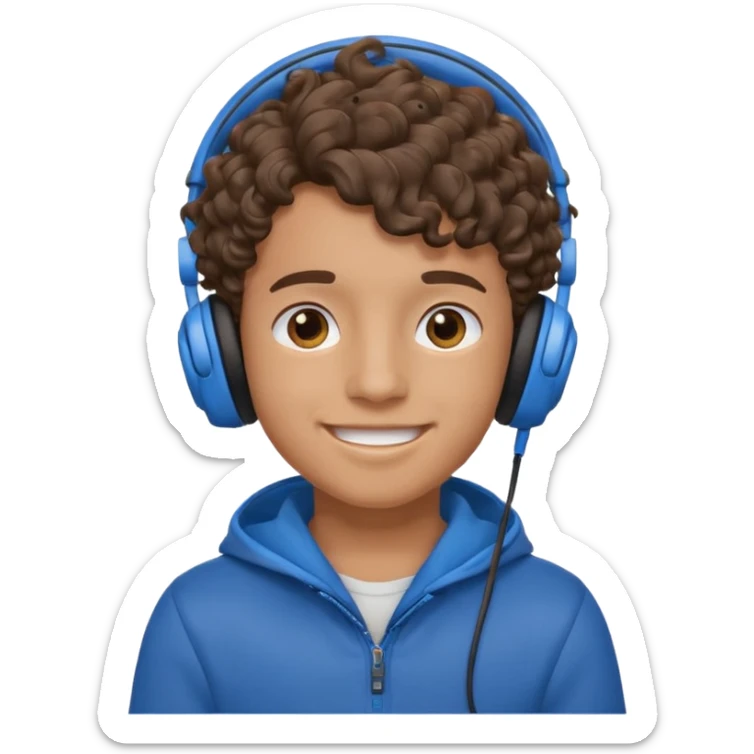 A boy with curly hair and tan skin and a happy face with blue headphones  sticker