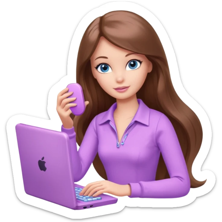 beautiful barbie girl with long brown hair, blue eyes and wearing light purple clothes playing computer games sticker
