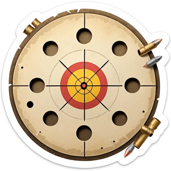 Paper target with bullet holes clustered in the center and spent shell casings below sticker
