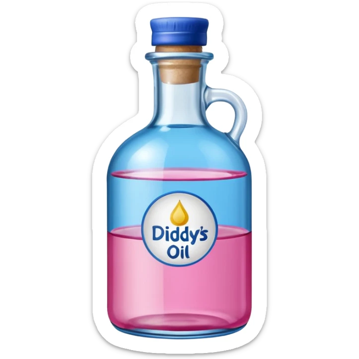 bottle of oil blue top pink outside with logo that says Diddys Oil sticker
