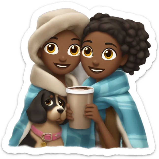 Two Black girls with blankets and hot chocolate with Ugg shoes on and a dog sticker