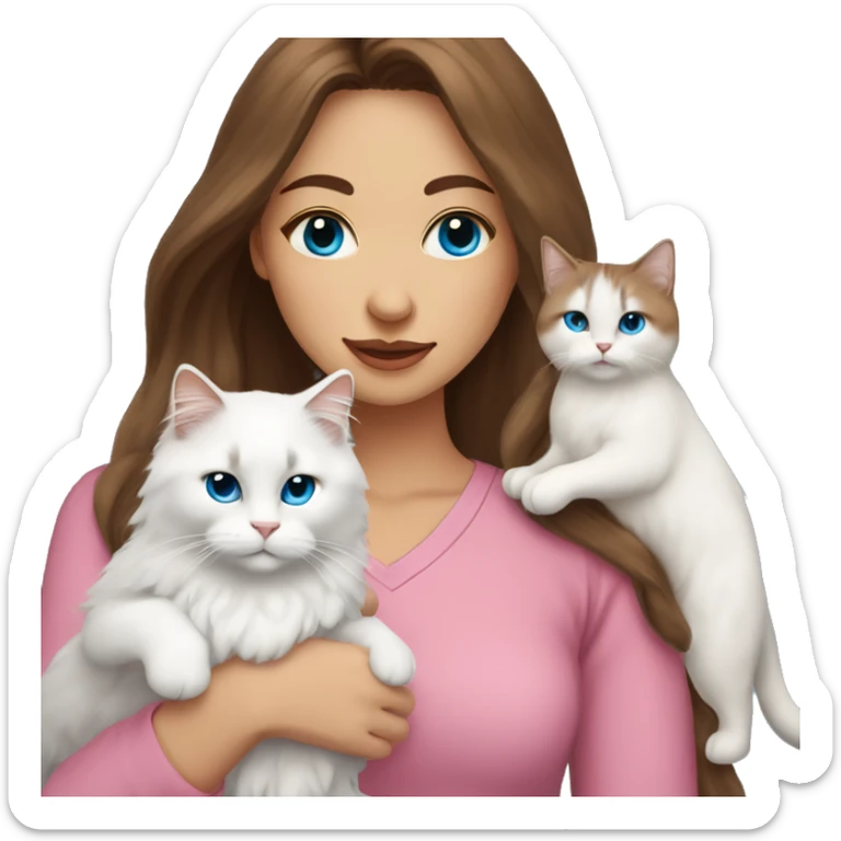 woman with long brown hair and pink shirt and holding a all white Siberian cat with blue eyes sticker