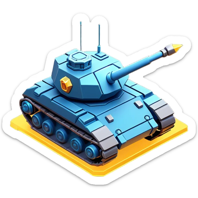 Clash of Clans aesthetic: Cinematic Playful 3D Isometric Space Tank Emoji, rendered in a 3D vector-style similar to standard emojis with minimal shading and bold, simplified shapes. A compact, distinct form with signature details, softly glowing with a futuristic sci-fi warfare charm. Simplified yet unmistakably iconic, highly detailed and consistent, glowing with a soft radiance and high shine. Stylized with a touch of high-tech brilliance and a soft glowing outline, capturing the essence of a beloved gaming relic with a friendly, playful manner! sticker