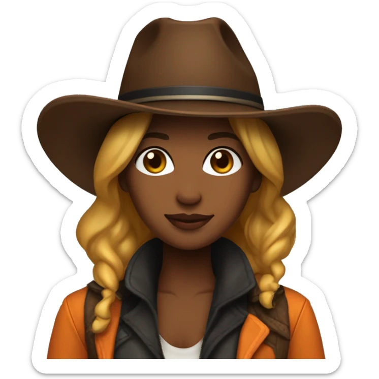 cowgirl straight dark brown golden skin, orange burnt coat, black hat sticker