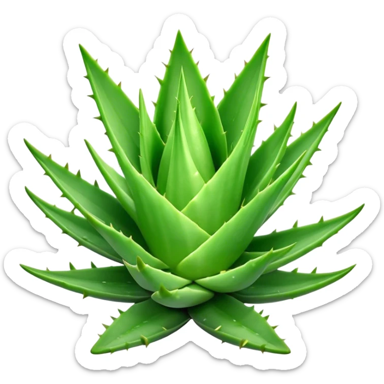 Cinematic Realistic Aloe Vera Emoji, Plump and succulent, with thick, fleshy leaves arranged in a star-like rosette. The vibrant green leaves have a slightly spiky texture, exuding a sense of resilience and healing. Soft glowing outline, capturing the essence of natural wellness and desert vitality in a flourishing aloe vera plant! sticker