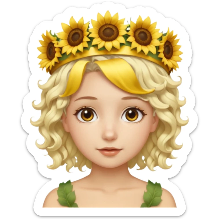 ["Fair skin female, short platinum-blonde curly hair, wearing a yellow sunflower crown."] sticker