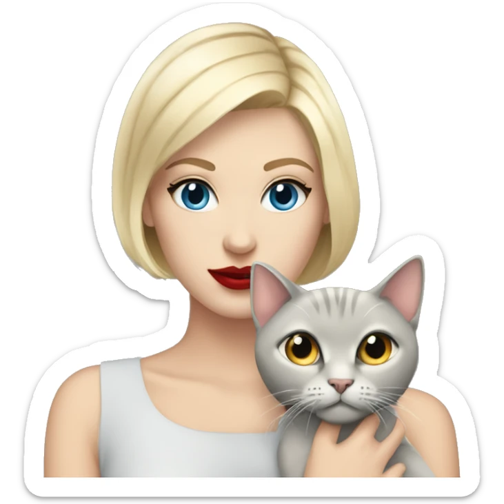 blonde girl with short hair blue eyes long eylashes and red lipstick holding a grey cat sticker