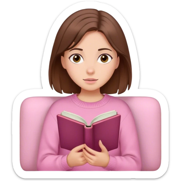 Pretty brown eyed white girl with brown hair and bangs pink sweater reading cozy sticker