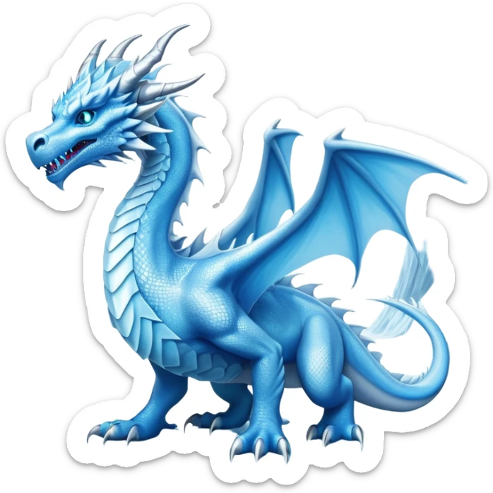 Cinematic Noble wise elegant Ice Dragon full body  Emoji, Poised and imposing, distinct long elegant snout, with a slender, scaled body shimmering in glacial hues of icy blue, frostbitten silver, and crystalline white, breathing out frost, with piercing, glowing ice blue white eyes that radiate the chilling depths of an arctic storm; rendered in detail. excuding wisdom sticker