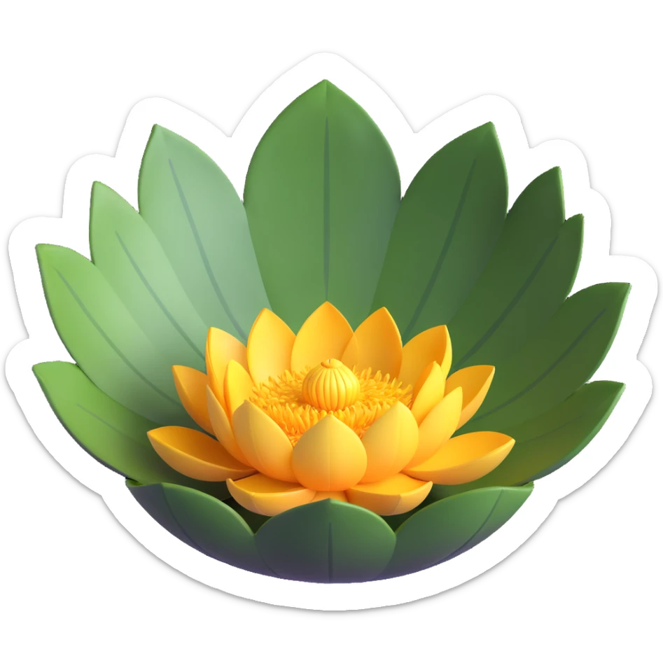 Detailed lotus flower with realistic lotus leaf - circular with characteristic notch, bowl-shaped with upturned edges and radial veining pattern sticker