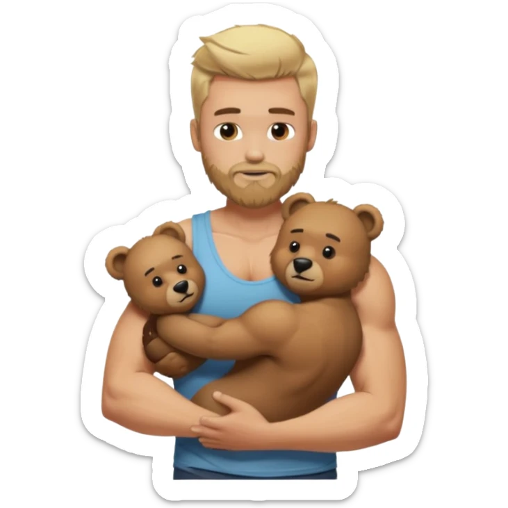 Blonde guy with ￼ faded size and long on top hair with a beard in a tank top muscular hugging a bear sticker