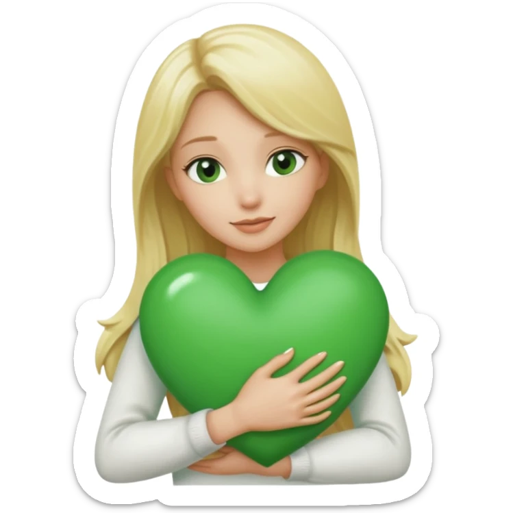 A hug emoji of a blonde women that hugs a green hearth sticker