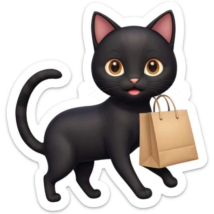 A cute black cat emoji in Apple-style, shown in side view like 🏃, running on four legs with a shopping bag in its mouth. Smooth gradients, soft shading, rounded features, and cheerful mood. sticker