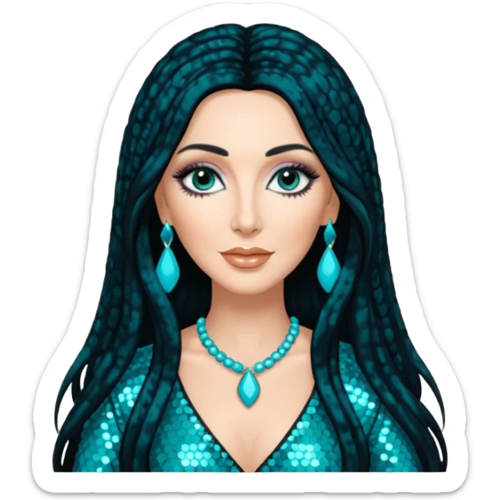 Cher, Goddess of Pop from Famous People with long jet black hair, turquoise sequin outfit sticker