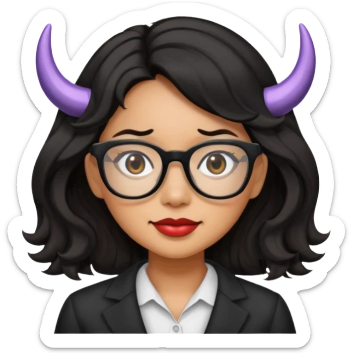 filipino woman with medium wavy hair and black square glasses with horns sticker