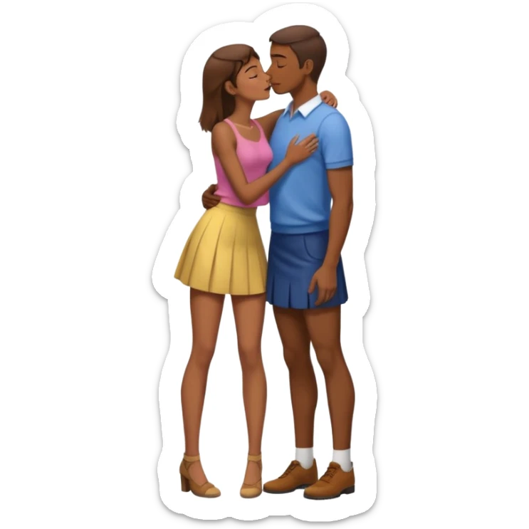 A naked girl with brown hair and bare small breasts openly kisses a tall guy with brown hair full-length on the lips. she is with naked boobs She is wearing a very short skirt and is in full height.she also all naked boobs She holds the man by the neck and has one leg raised and he holds that leg. sticker
