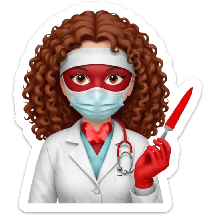 Scary woman scalpel in hand, evil surgeon sexy surgeon clothes.  She has red eyes. Her  brown long curly hair. Wears sexy doctor outfit with red gloves. make her hair free and brown but have mouthy  wear  mask  to hide. Wears white surgeon jacket and sticker