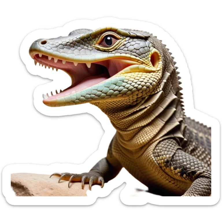 Cinematic Realistic Cute Yawning Monitor Lizard Portrait Emoji, Head tilted slightly with a dramatic, wide-open yawn, showcasing a soft, textured scaled hide with subtly drooping features and half-closed, drowsy eyes, rendered with meticulous natural detail and warm shadows, high shine, relaxed yet expressive, styled with a dash of desert charm, soft glowing outline, capturing the essence of a sleepy yet affectionate monitor lizard that appears ready to stretch out for a restful nap! sticker