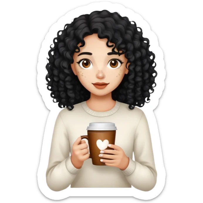 Cute girl with black curly hair and vitiligo and holding a cup of coffee sticker