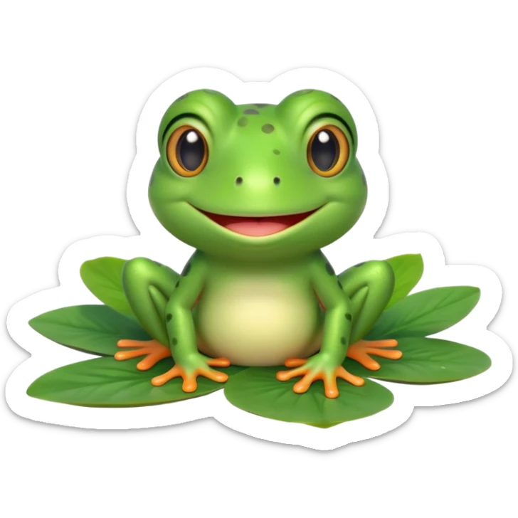 A cute 3D cartoon frog sitting on a lily pad, bright green skin, big friendly eyes, smiling face, soft natural lighting, Memoji-style rendering. sticker