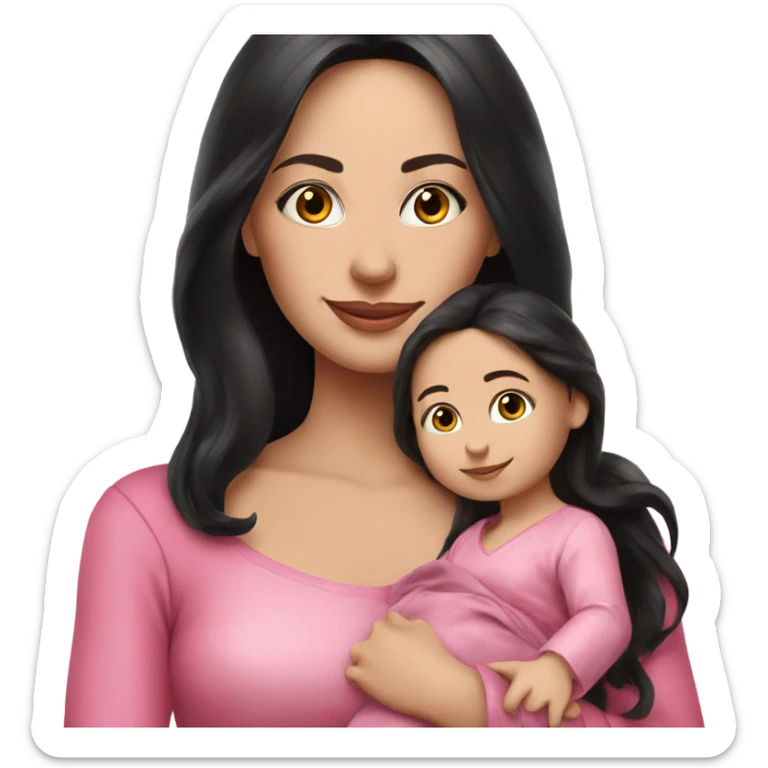 Beautiful Russian lady very long black hair pink clothes holding baby  sticker