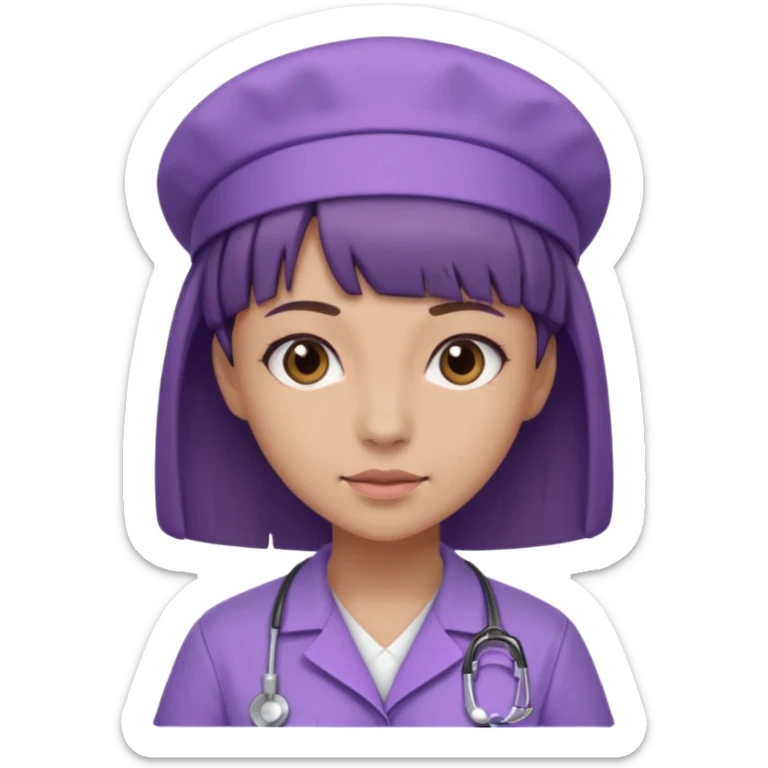 A young female slim nurse with short Brown hair with fringe over her forehead, wearing larvendar purple working cloth sticker