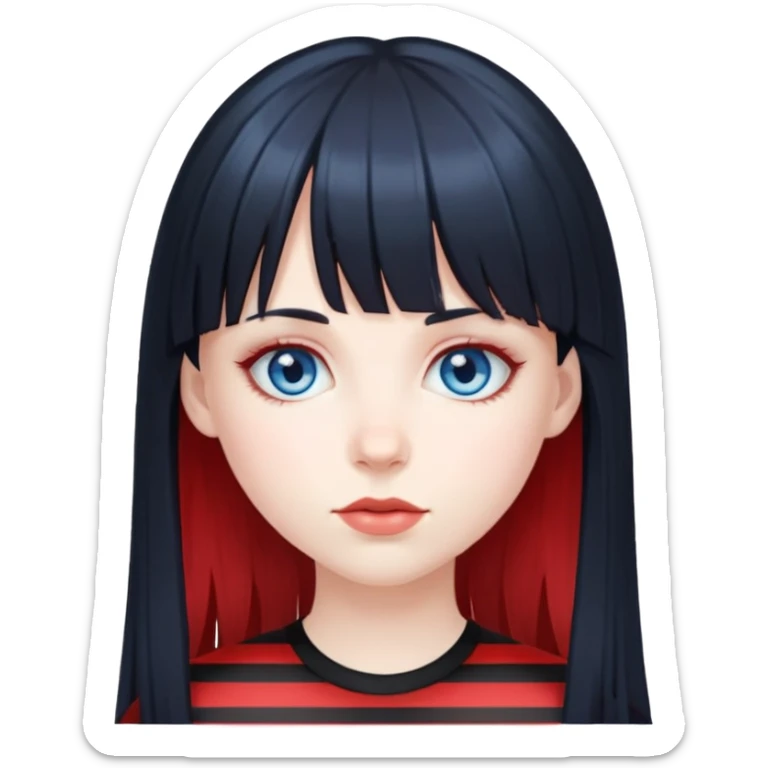Blue eyes pale girl, long black hair with red striped hair and bangs sticker