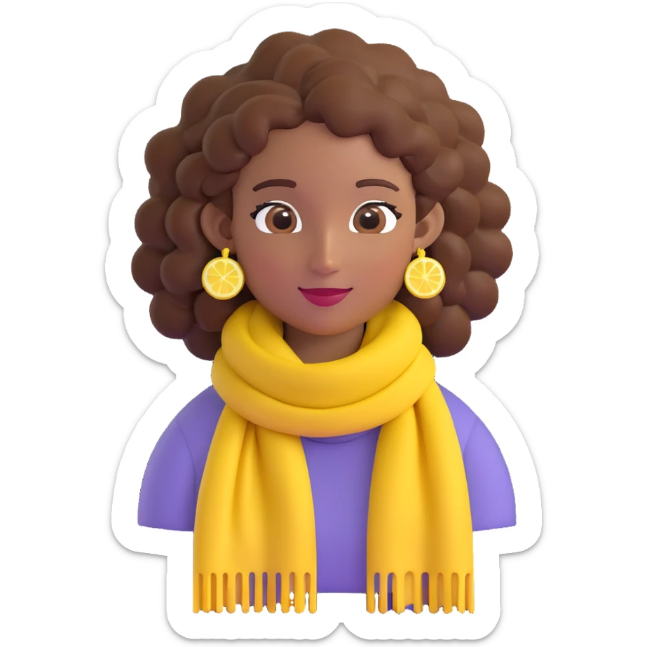 boho girl emoji, brown skin, long curly brown hair up, lemon yellow scarf, round earrings sticker