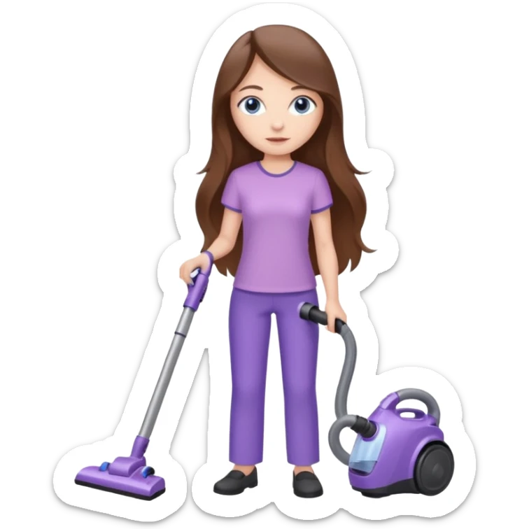 beautiful girl with long brown hair, blue eyes and wearing light purple clothes, cleaning and vacuuming sticker