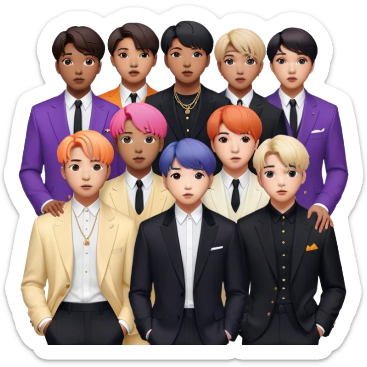 Cinematic Realistic group portrait of BTS featuring all 7 members in stylish modern attire, with detailed facial expressions and vibrant colors, captured in dynamic, contemporary lighting that emphasizes their global pop icon status sticker