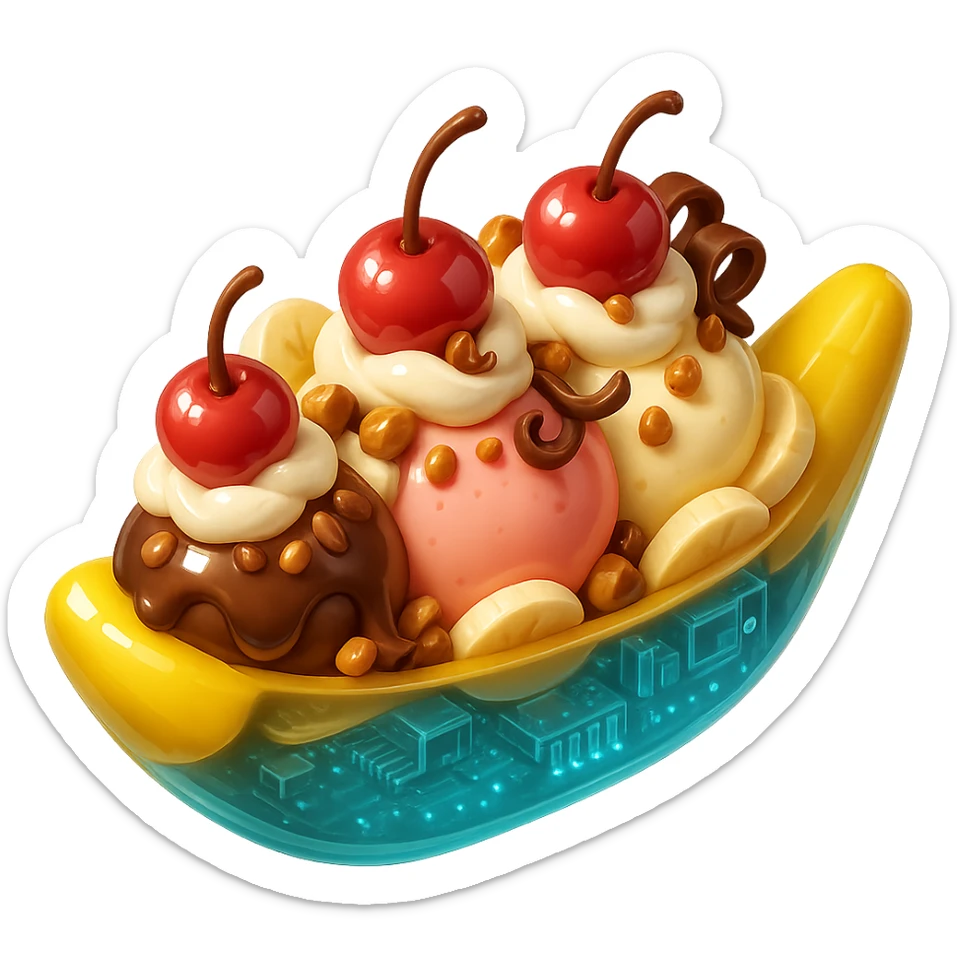 Add extra toppings: sliced bananas, caramelized nuts, extra cherries, and chocolate curls to the 3D glossy banana split sundae, with shiny highlights. No background. sticker