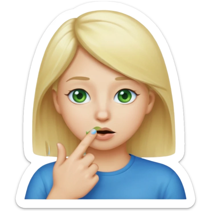 a emoji with two fingers in his nose, make him have a natural white skincolour and blonde hair, blue/green eyes, put the fingers in his nose sticker