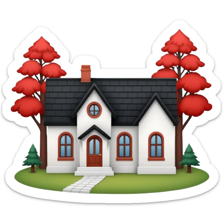 a one-story house with a forest background. The house is to have a white façade with red brick inserts.  the roof is to be black, gable. sticker