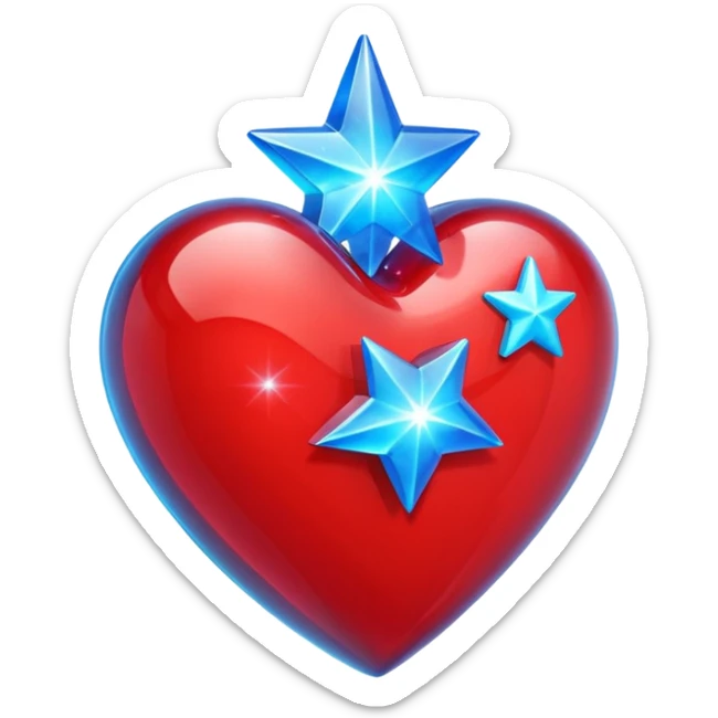 A transparent of a hologram of a red 3D heart with a bright blue star inside sticker