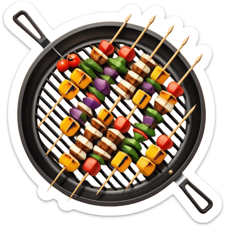 Grilled dishes avatar in bright emoji-style illustration. Skewers, BBQ, and grilled vegetables, warm fire tones, simple shapes, flat design, high contrast, tasty and inviting. sticker