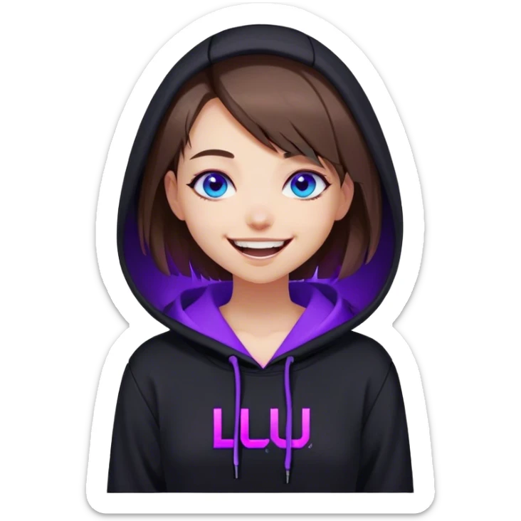 brown haired girl with a bob and blue eyes wearing black hoody with violet letters "Lu", laughs. Cyberpunk style. Violet neon. sticker