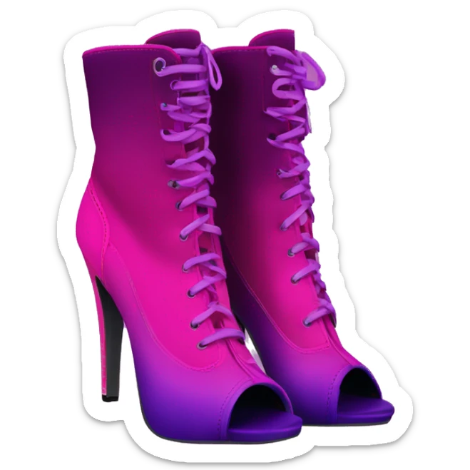 Realistic isolated front top view of a Pair of magenta to purple ombre higH heel peep toe bootie boots. sticker