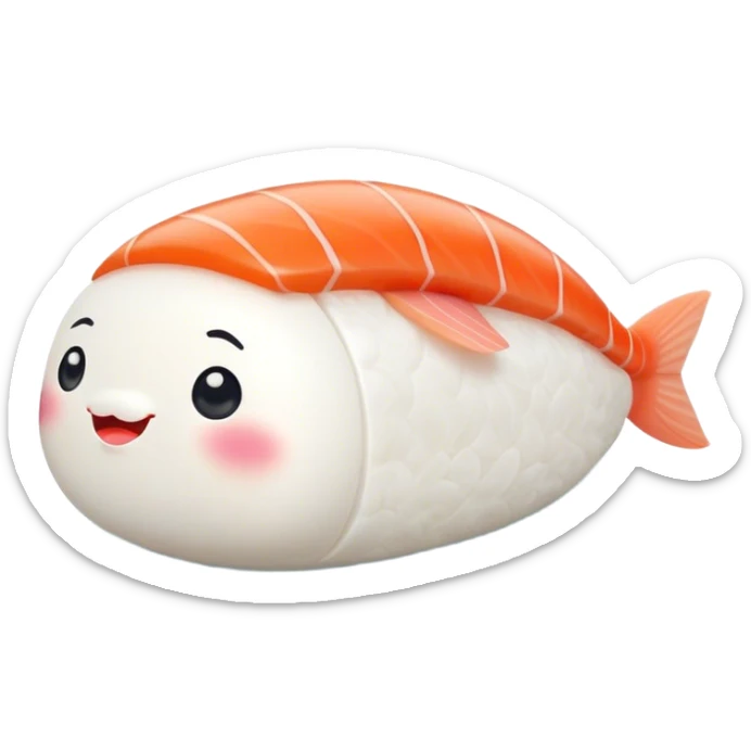 Cute Kawaii Nigiri Sushi, plump and happy, a soft white rice pillow topped with bright orange salmon, tiny blushing cheeks, big round eyes, a joyful floating expression! sticker