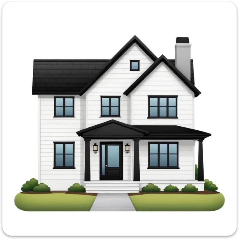 modern farmhouse with white siding, black roof and black trim, exterior view sticker