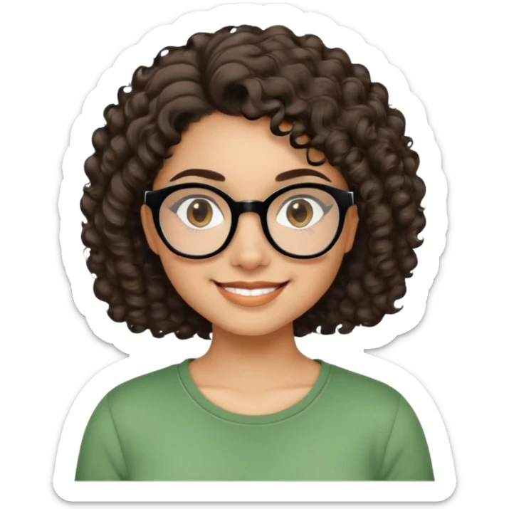 Young Latina woman with light brown skin. Round friendly face. Dark brown eyes with black-framed glasses. Thick arched eyebrows. Short voluminous curly hair. Big smile showing dimples. Wearing a green casual top. sticker