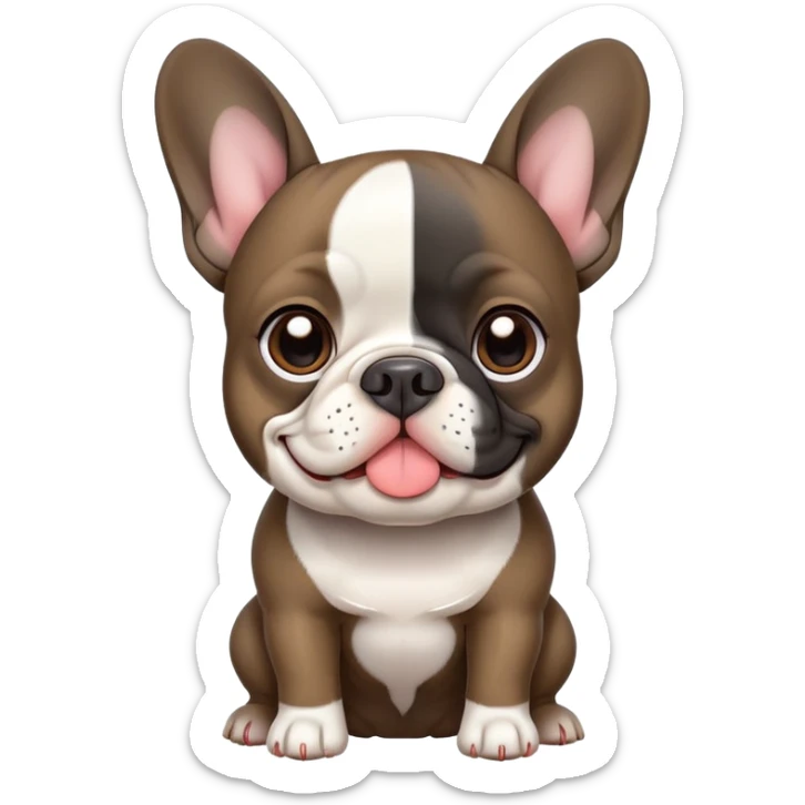 create A simple, cartoony emoji design of a French Bulldog with a dark brindle coat and a white chest, large upright ears, and a friendly expression. The style should resemble an Apple iOS emoji, with clean lines, minimal details, and a plain background. sticker
