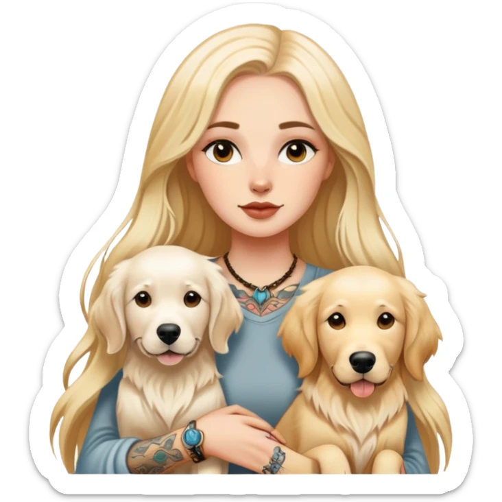 a  white girl with long hair with tattoo with 2 white golden retriever  sticker