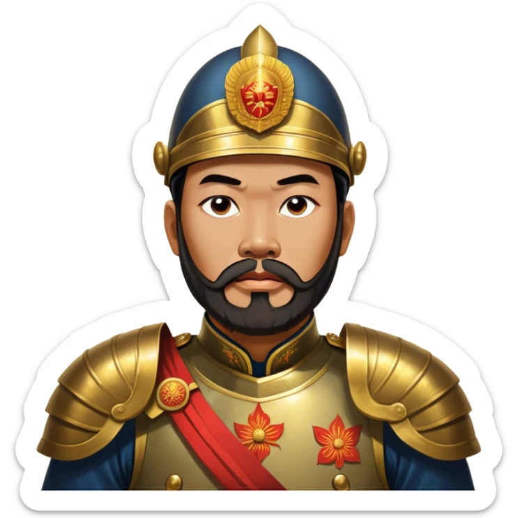 ​Cinematic Realistic Portrait of Trần Hưng Đạo, depicted as a revered Vietnamese general with his characteristic traditional Vietnamese beard and historic armor, his determined gaze illuminated by dramatic historical lighting that evokes his legendary martial spirit and leadership, sticker