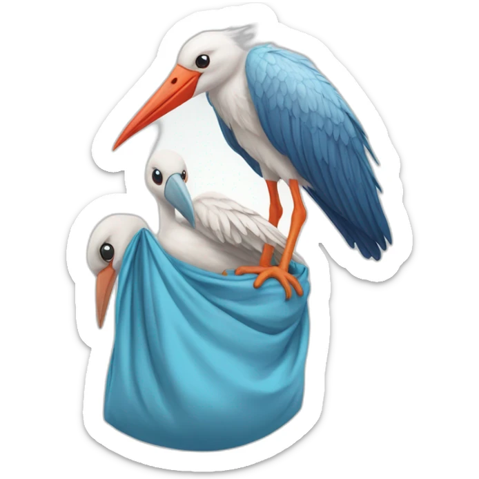 White stork carrying a blue bundle of cloth that has a human person cute baby human in it and the human baby head is peeking from the fabric the strok is carrying in its beak sticker