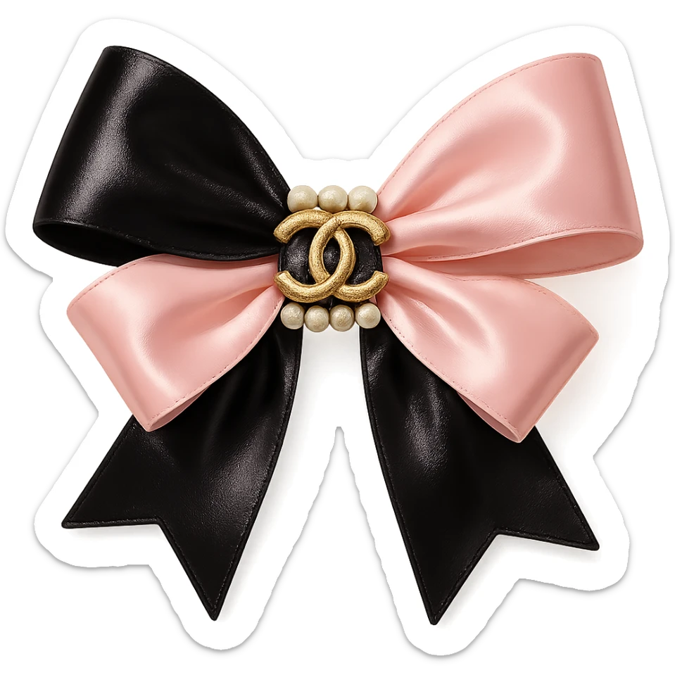 heart only the elegant bow with pearls and gold Chanel logo, glossy, pastel colors, realistic style, with no background. black pink,  sticker