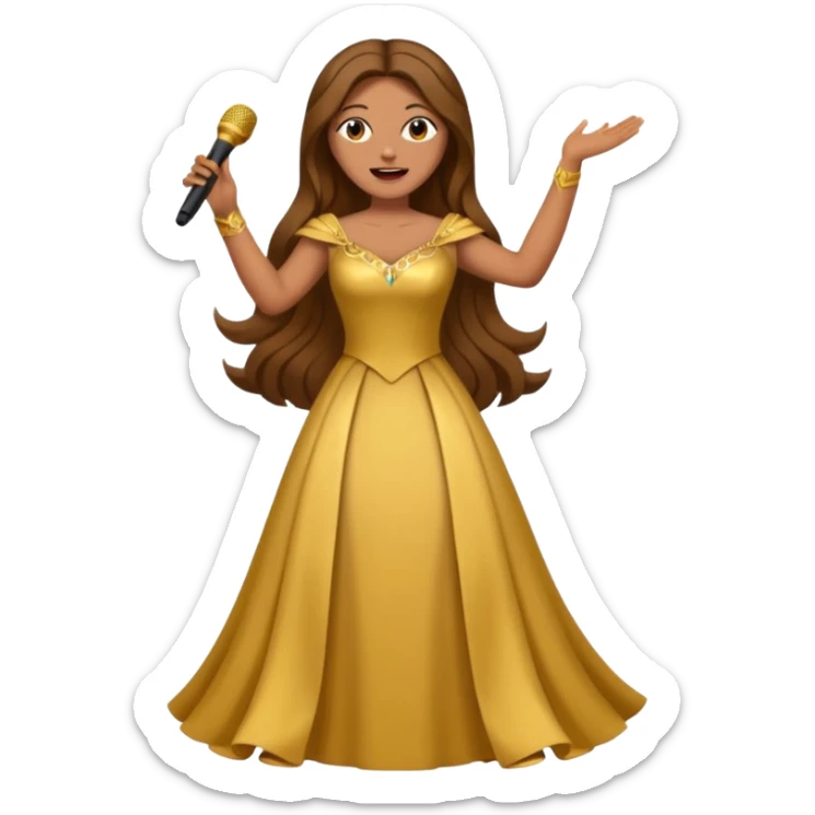 woman opera singer singing with long brown hair and golden dress and entire body sticker