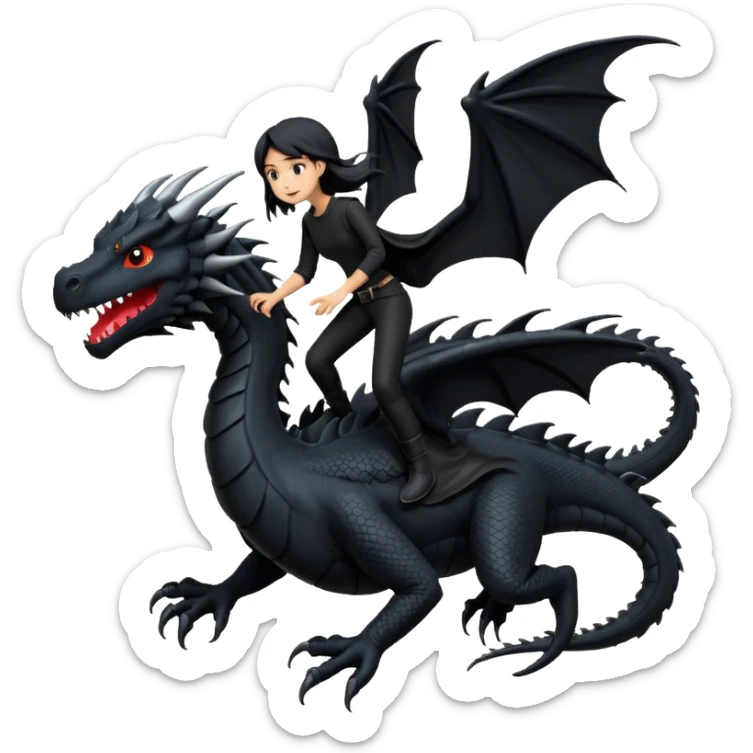 Extreme huge black dragon flying with a small female rider on top of it with black clothes sticker
